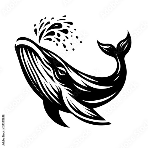 Stylized whale spouting water in black vector illustration