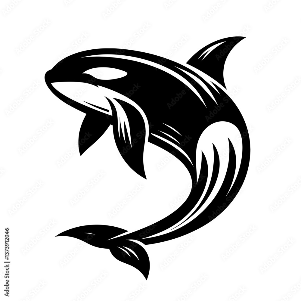 Orca swimming upward in stylized black vector Orca swimming upward in stylized black vector
