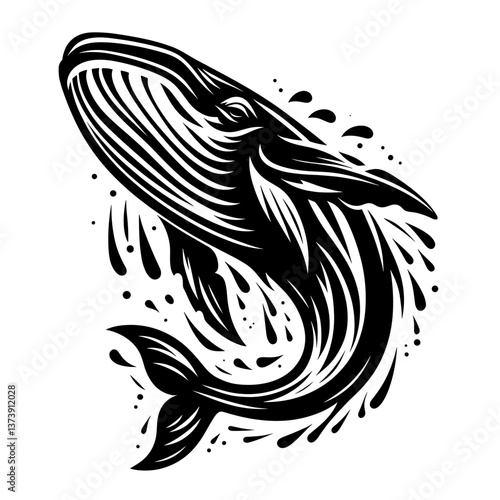 Whale breaching with splash in stylized black vector