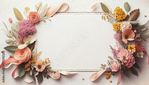 가운데 빈 종이에 꽃이 장식된 초대장