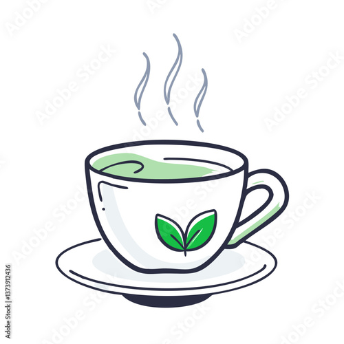 Hot green tea in cup icon in flat style with neutral tones