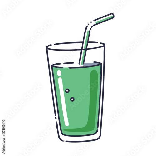 Glass of green smoothie icon in flat style with straw