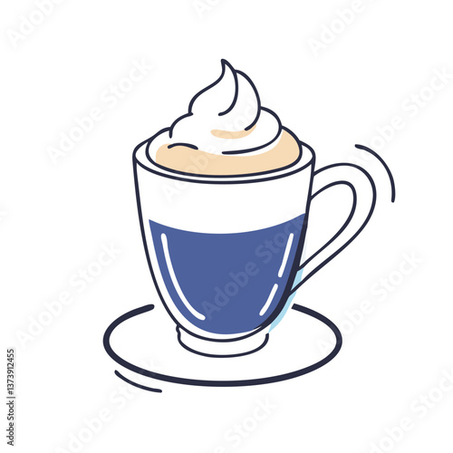 Hot coffee with whipped cream in flat style with soft tones