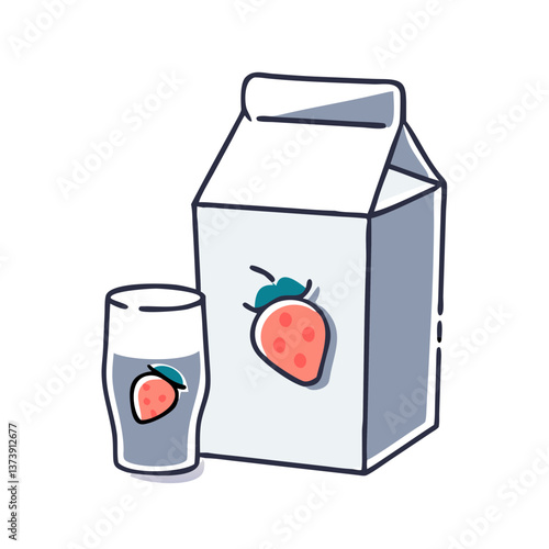 Strawberry juice carton and glass in flat style