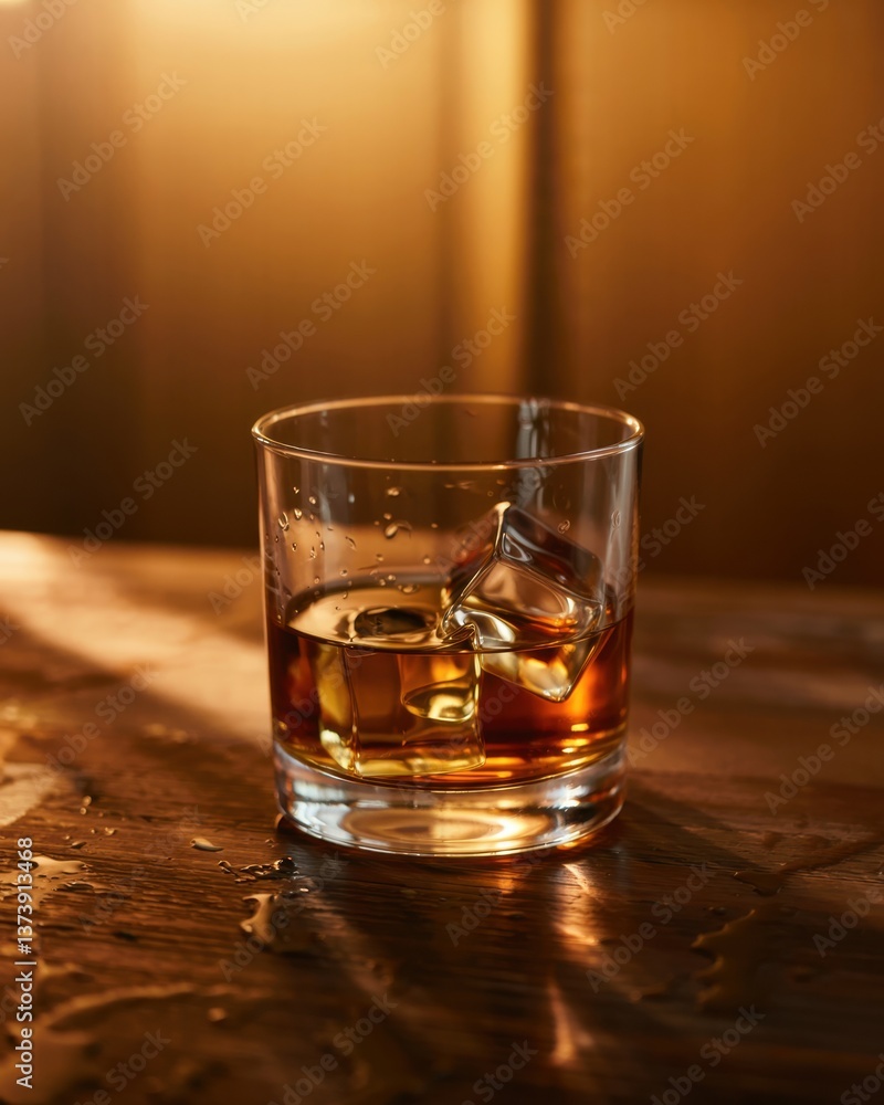 Whiskey on the rocks served in a glass with ice cubes against a warm, golden background Whiskey on the rocks served in a glass with ice cubes against a warm, golden background