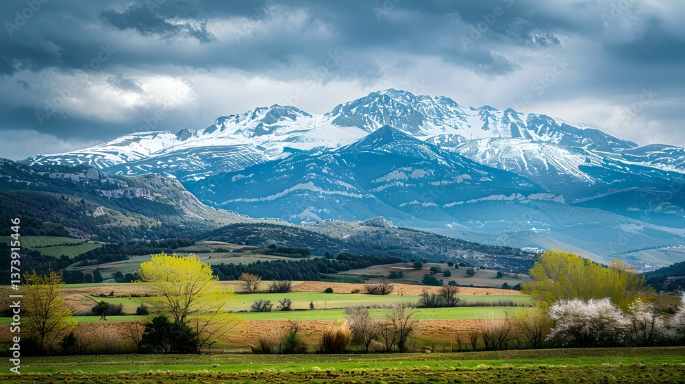Fototapeta premium Breathtaking mountain scenery with snow-capped peaks. Lush green fields stretch below. The calmness of nature is calling. Perfect for travel and outdoor themes. AI