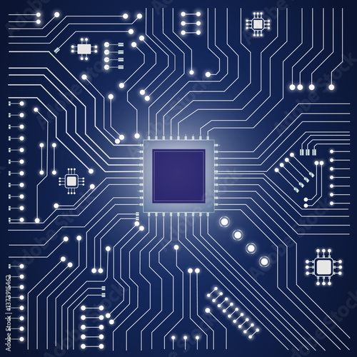 Futuristic Circuit Board with Glowing Microchip Connections