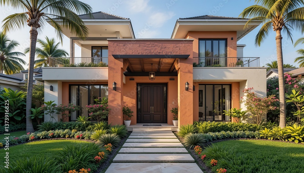 Fototapeta premium Stunning contemporary home with lush landscaping, a grand entrance, and tropical palm trees for a luxurious, inviting curb appeal.
