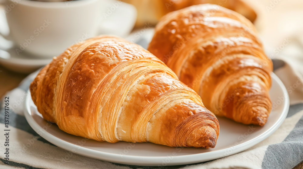 Freshly baked croissants on a white plate served with coffee in a cozy cafe Freshly baked croissants on a white plate served with coffee in a cozy cafe