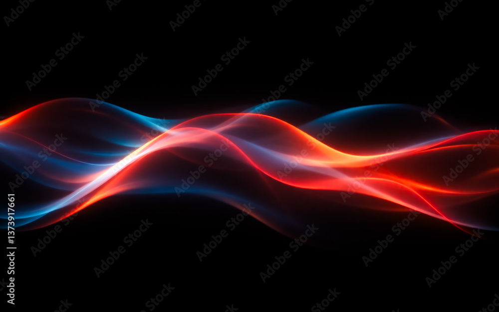 Naklejka premium Abstract flowing waves of light in red and blue hues gracefully glide across a stark black backdrop, evoking a sense of smooth motion and vibrant energy.