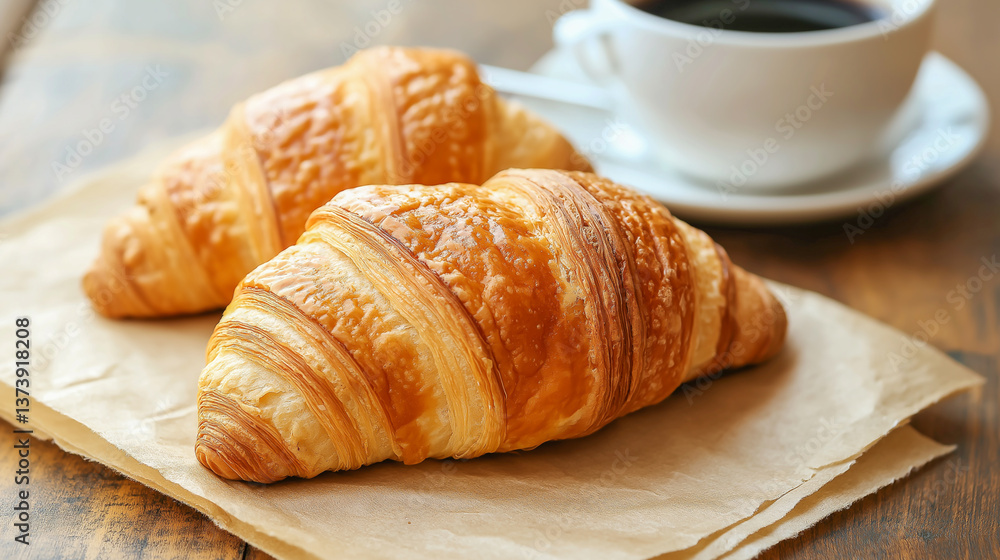 Freshly baked croissants served with a cup of coffee on a rustic wooden table in a cozy cafe Freshly baked croissants served with a cup of coffee on a rustic wooden table in a cozy cafe