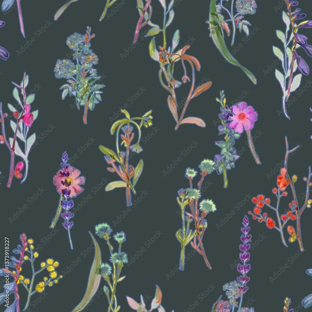 Obraz premium Seamless floral pattern with wild flowers, twigs and leaves painted with watercolor. Floral print for fabric, wallpaper.