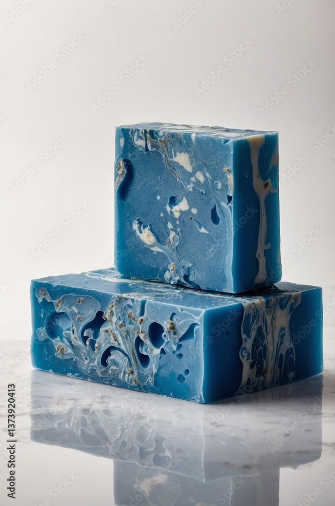 Fototapeta premium Unique handmade blue soap bars with marbled patterns displayed on a reflective surface