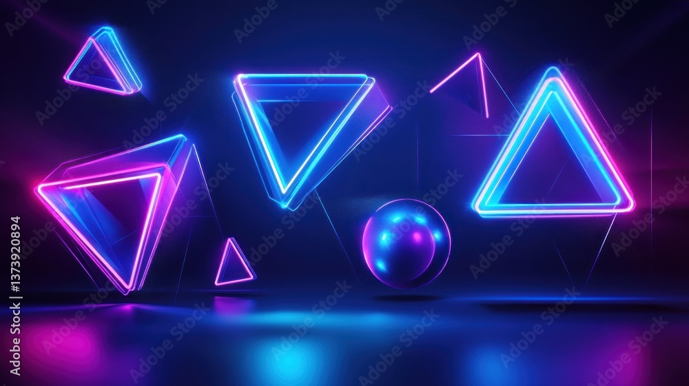 Neon triangles, sphere, dark room, glowing background, digital art Neon triangles, sphere, dark room, glowing background, digital art