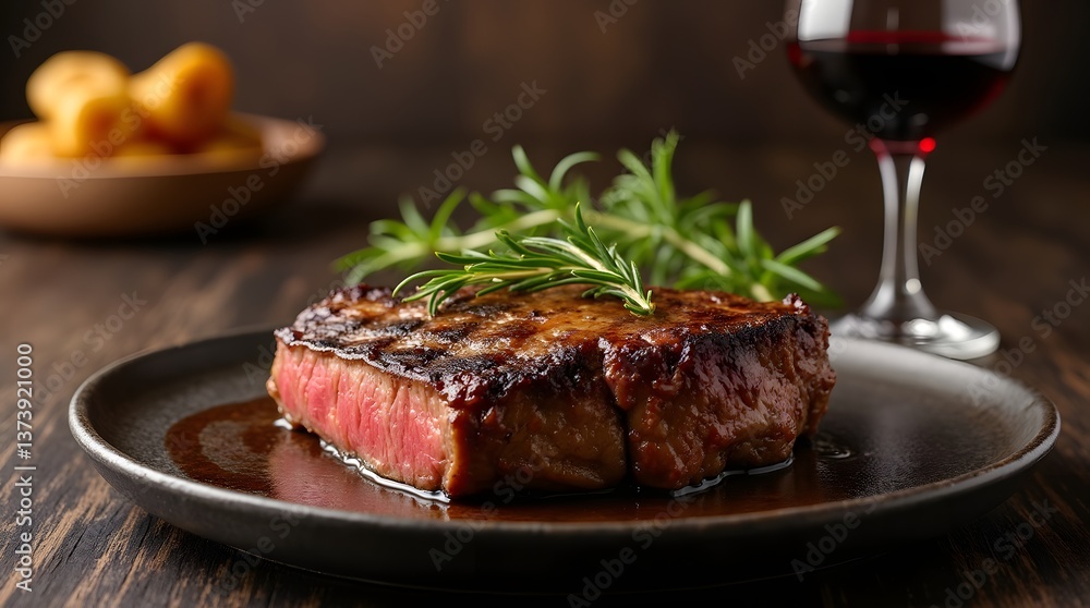 A seared medium-rare steak with rosemary and garlic butter, paired with red wine on a dark wooden table. A seared medium-rare steak with rosemary and garlic butter, paired with red wine on a dark wooden table.