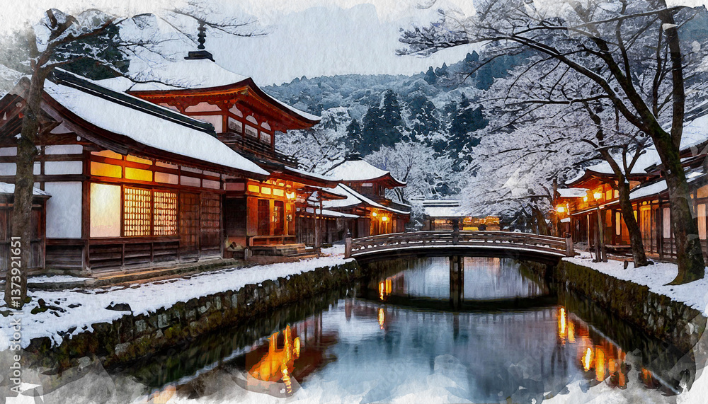 Obraz premium View of the city of Kyoto in Japan, watercolor illustration, generated by AI