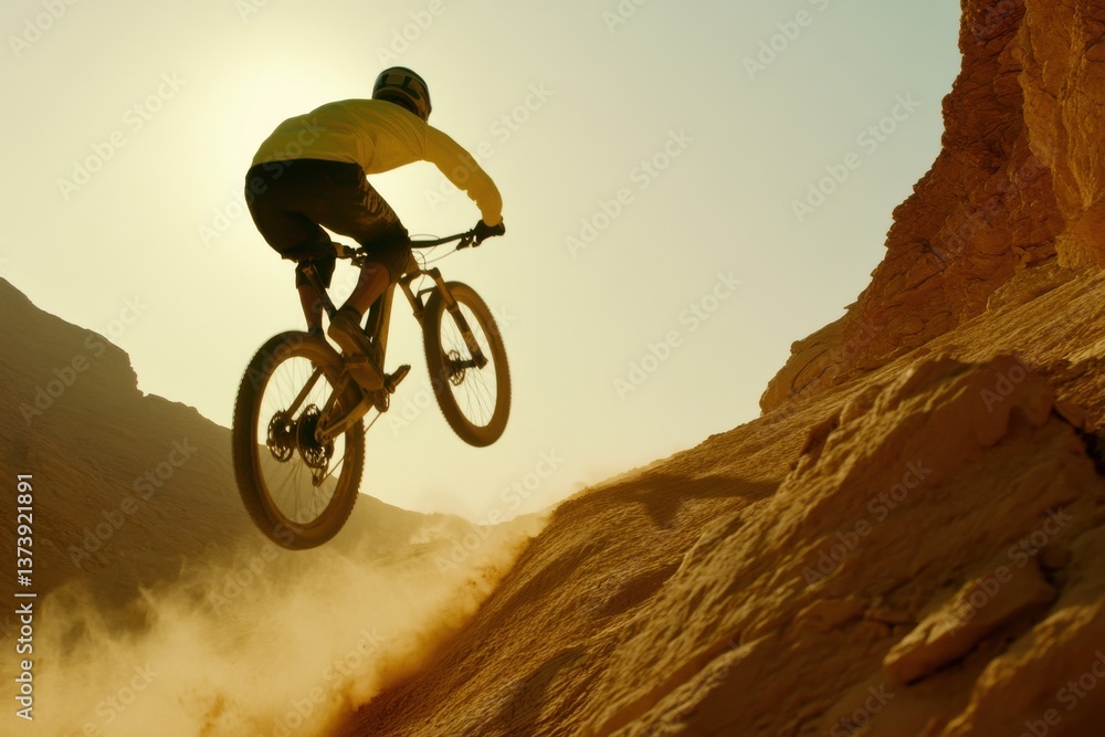 Obraz premium Mountain biker airborne, dust trail, arid landscape, golden sun.