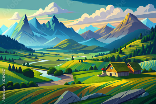 A stunning valley landscape with lush green fields and towering mountains in the background