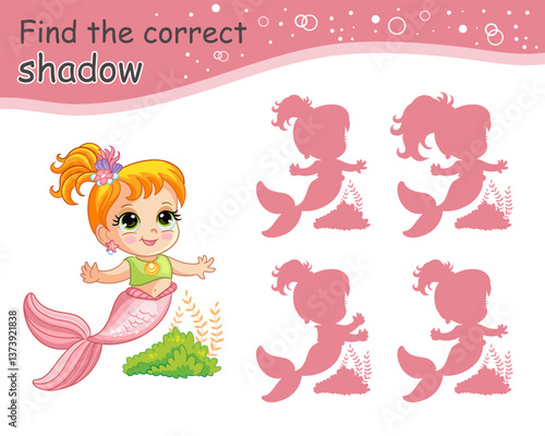 Find the correct shadow cute happy mermaid. Educational matching game for children with cartoon character. Activity, logic game, printable worksheet with task for kids, vector isolated illustration