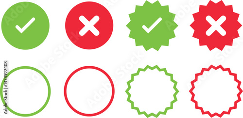 Check mark icon button set. Check box icon with right and wrong buttons and yes or no checkmark icons in green tick box and red cross.