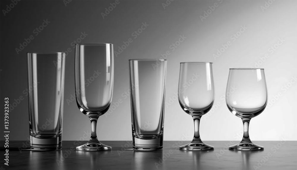 Empty wine and champagne glasses on a clean bar, transparent and crystal-clear, ready for celebration or party Empty wine and champagne glasses on a clean bar, transparent and crystal-clear, ready for celebration or party
