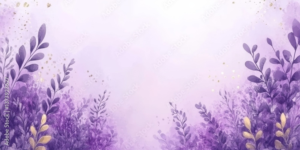 Obraz premium Pastel Lavender and Gold Watercolor Background With Stylized Herbs and Whimsical Leaves