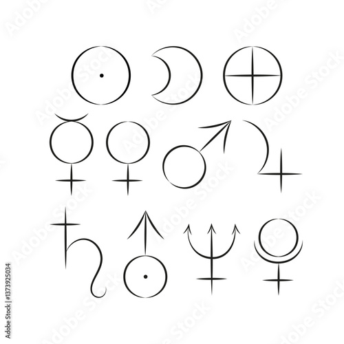 Set of astrology and astronomy planet signs. Vector simple outline icons for horoscope isolated on white background. Sun, Moon, Mercury, Venus, Mars, Jupiter, Saturn, Uranus, Neptune, Pluto