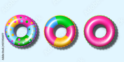 summer inflatable swim rings set isolated on the light blue background top view design. summer vacation floater swim rings vector illustration.
