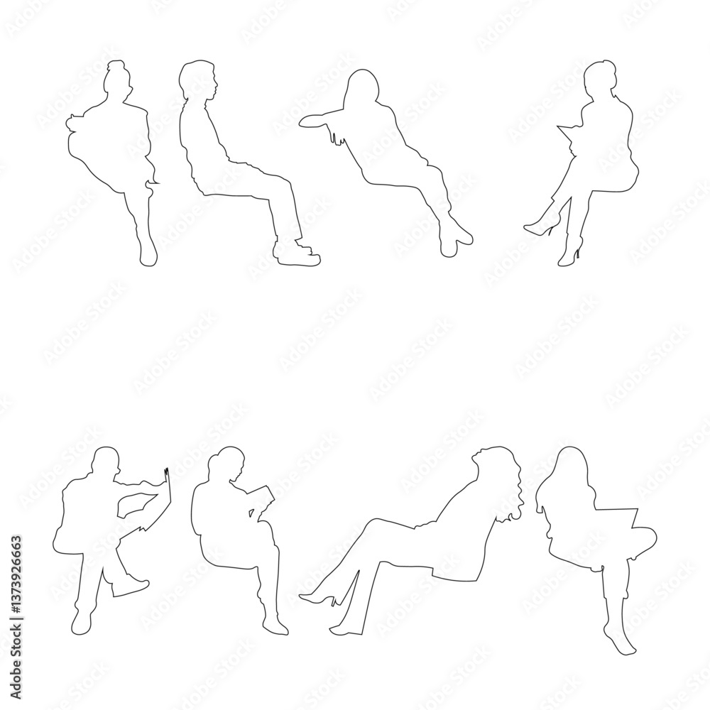 Fototapeta premium Linear silhouettes of seated people, designed for use in architectural plans, sections, and layouts. 