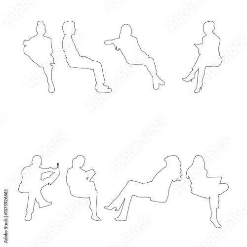 Linear silhouettes of seated people, designed for use in architectural plans, sections, and layouts.	
