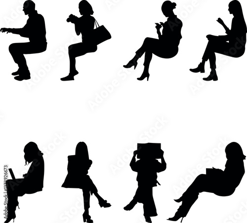 8 png silhouettes of people in sitting postures	

