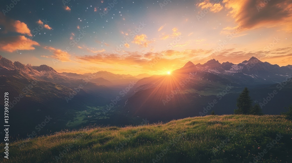 Fototapeta premium Sunset Mountain Valley Landscape, Alpine Glow, Starry Sky, Travel Poster