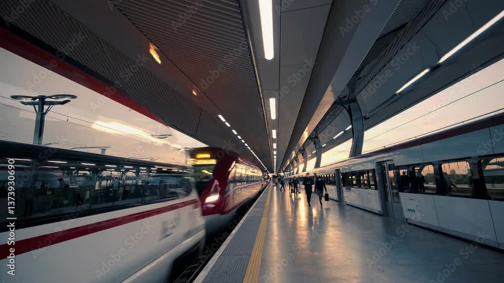 Highspeed train arrival at modern station during sunset with commuters boarding Highspeed train arrival at modern station during sunset with commuters boarding