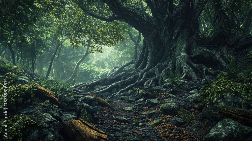 A dense jungle with massive tree roots twisting over rocks and fallen logs. A dense jungle with massive tree roots twisting over rocks and fallen logs.