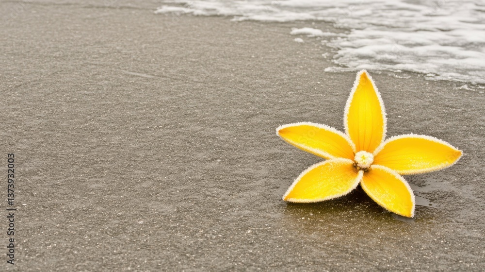 Yellow frangipani flower with frosted edges on winter beach sand Yellow frangipani flower with frosted edges on winter beach sand