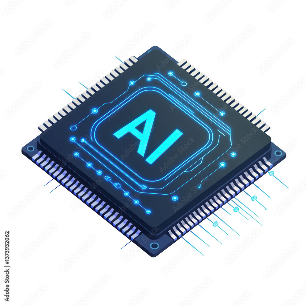 Isometric perspective of an artificial intelligence chip with the letters Isometric perspective of an artificial intelligence chip with the letters