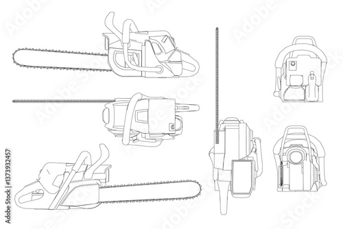 A series of drawings of a chainsaw. The drawings are all different angles and show the chainsaw from various perspectives