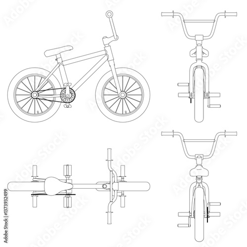 A bicycle is shown in different angles. The front wheel is shown in detail. The bicycle is a child's bike