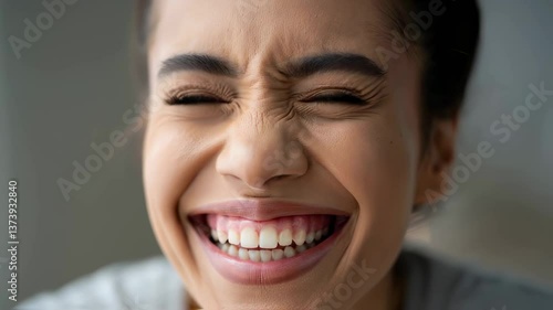 Close-up of a woman's face contorted in an intense reaction, mouth wide open, eyes tightly shut, conveying overwhelming emotion like a scream, shock or hysterical laughter for mental state concepts