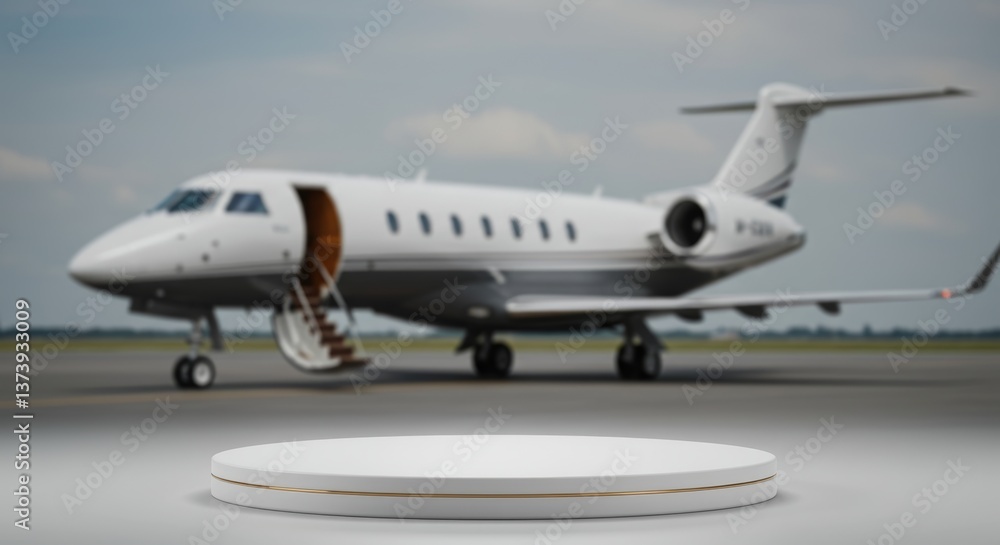 Elegant product display podium with a blurred private jet backdrop in neutral tones Elegant product display podium with a blurred private jet backdrop in neutral tones