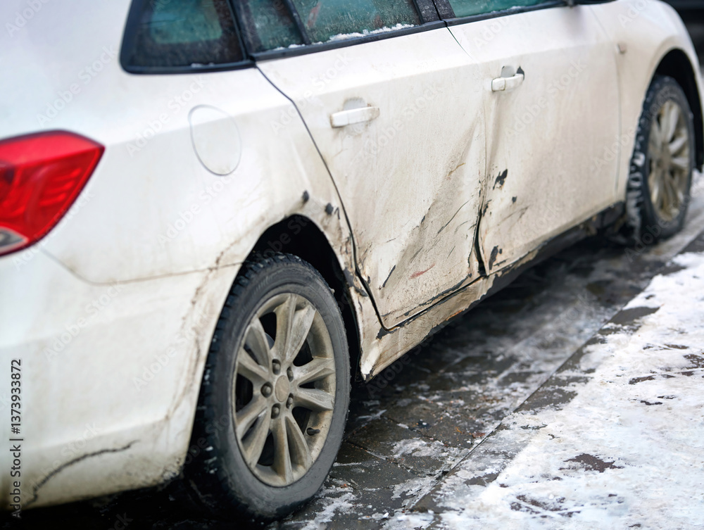 White car with extensive dents, scratches and chipped paint on its side, accident damage. Side impact collision, accident damage with heavily dented side, chipped paint. SELECTIVE FOCUS