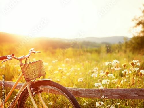 Vintage bicycle leaning against a rustic fence, field of wildflowers, blurred distant hills