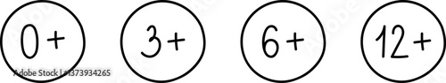 Age limit hand drawn icons set. 0,3,6,12 years. Vector illustration