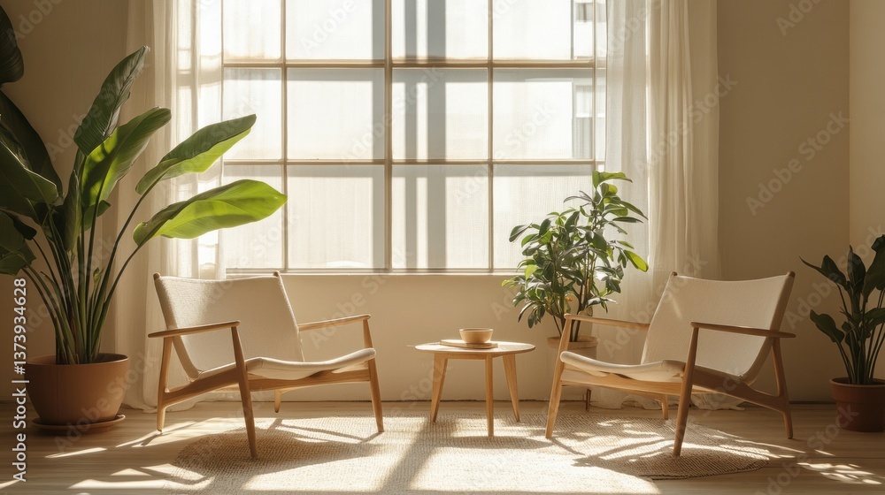 Fototapeta premium Bright and airy living space features plants and modern chairs