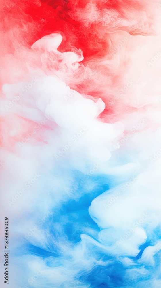 Fototapeta premium Red, white, and blue smoke swirls in abstract cloud formation