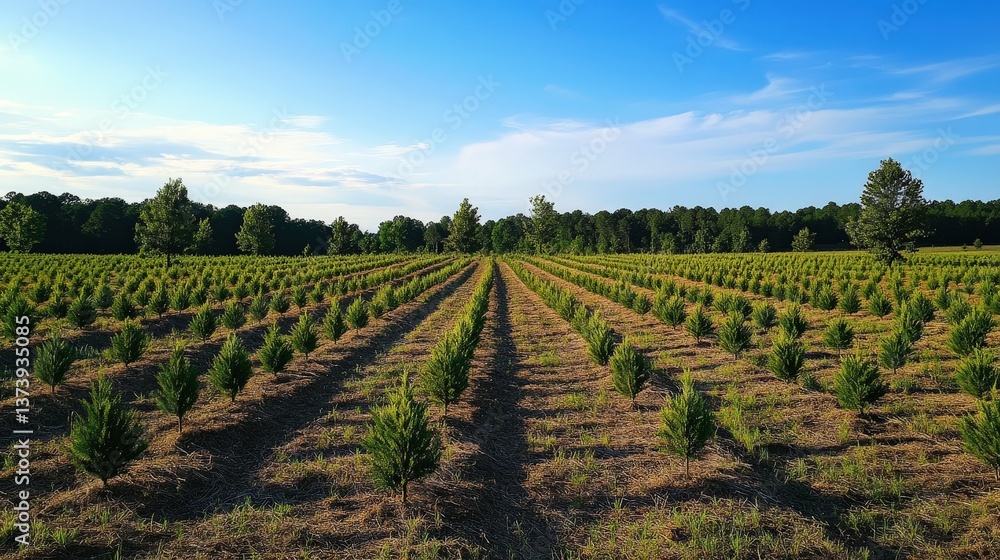 Obraz premium A field full of small saplings growing in neat rows under a bright blue sky.
