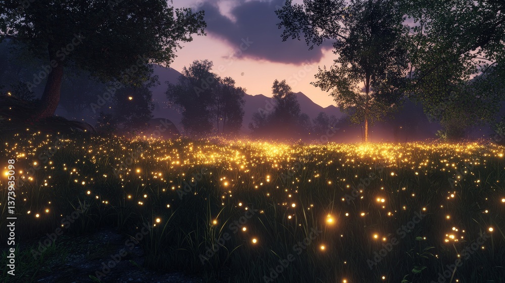 A field of grass illuminated by fireflies at dusk, creating a magical atmosphere.