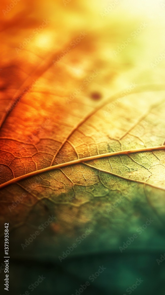 Obraz premium Close-up of colorful autumn leaf with detailed veins and warm sunlight