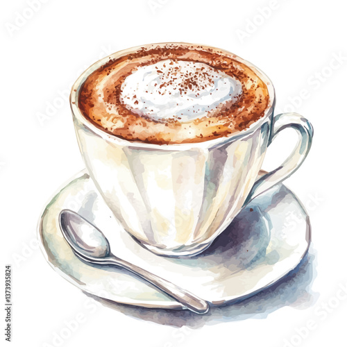A watercolor vector of a cappuccino, isolated on a white background. Cappuccino vector.

