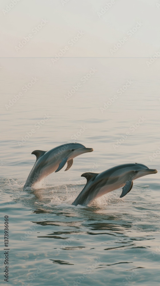 Naklejka premium Two dolphins leaping in tranquil ocean scene